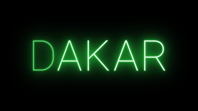 Flickering neon green glowing dakar sign animated on black background