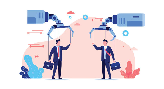 Robot arms controlling business people like puppets in a metaphor for corporate manipulation or automated workforce management in the modern era.