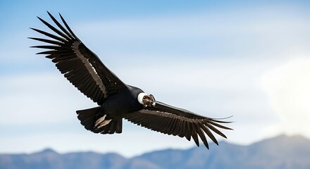 Fototapeta premium A magnificent Andean Condor gracefully glides through the clear sky with vast mountain ranges in the distance.