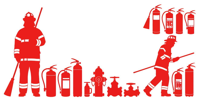 Firefighters and firefighting equipment silhouettes on white background firefighter fire extinguisher safety emergency rescue fireman
