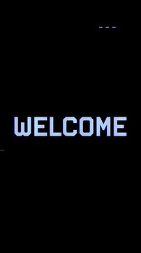 Abstract Welcome Typography with Digital Glitch Effect and Blue Stripes on Black Background. Perfect for vertical content, website landing pages, video intros, futuristic-themed social media content.