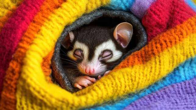 Sleepy possum nestled in rainbow yarn