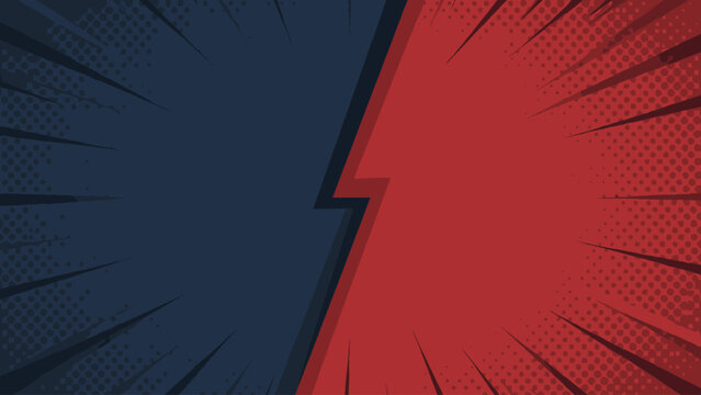 Dynamic comic book style background with contrasting blue and red halves and lightning bolt
