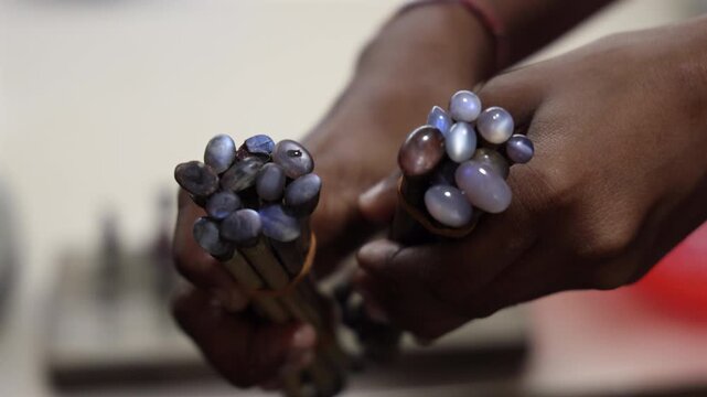 Hands hold two bundles of raw, untreated gemstones, highlighting their natural beauty and potential for jewelry making. Sri Lanka island, Asia.