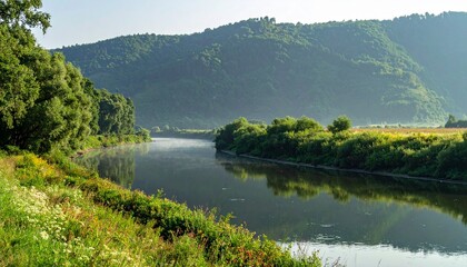 Fototapeta premium Serene misty river flowing through lush green valley at sunrise
