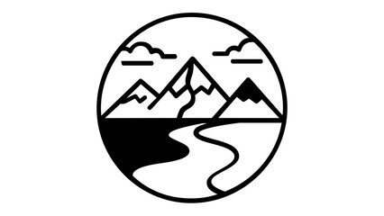Naklejka premium Minimalist black and white vector icon illustration featuring a scenic mountain range with a winding river and clouds in a circular frame, ideal for outdoor adventure and nature branding.