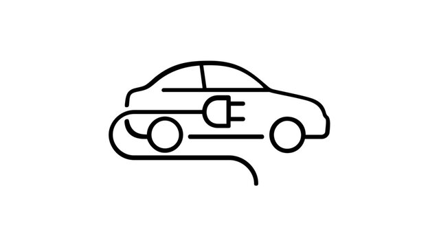 Minimalist electric car vector icon illustration featuring a sleek black line art design of an EV vehicle with a charging cable and plug, representing eco-friendly green energy transportation.