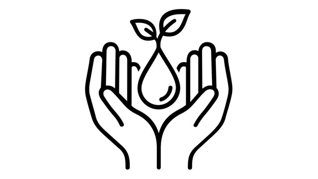 Minimalist vector icon illustration of human hands cupping a water drop with a growing plant sprout, symbolizing environmental conservation, ecology, sustainability, and nature protection.