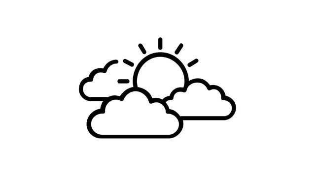 Minimalist black and white vector illustration of a sun rising or setting behind fluffy clouds, perfect for weather forecasts, environmental concepts, and nature-themed graphic design projects.