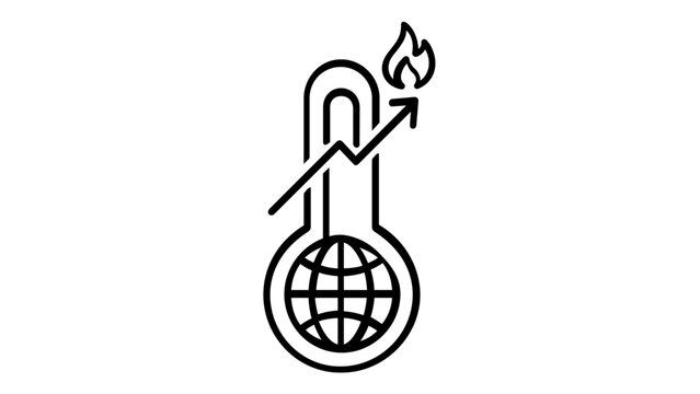 Global warming vector icon illustration featuring a thermometer with a world globe at the base, a rising arrow indicating temperature increase, and a fire flame symbol for climate change.