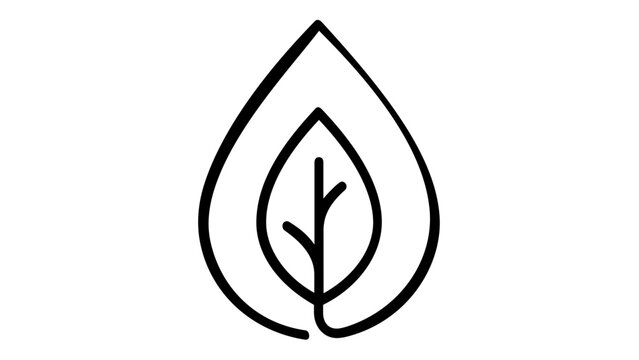 Minimalist vector icon illustration of a stylized leaf within a teardrop outline, symbolizing nature, growth, and environmental sustainability. Clean black line art for eco-friendly branding.