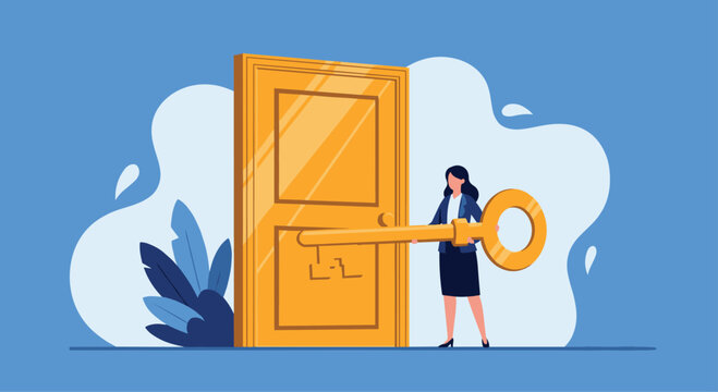 Ambitious businesswoman using giant golden key to unlock a large door symbolizing new opportunities and career success.