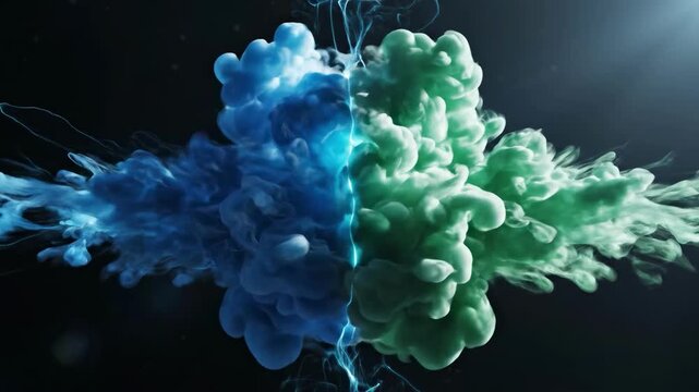 A symbolic representation of connection and unity between two contrasting elements, depicted through blue and green clouds linked by a glowing thread.