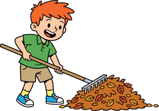 Cartoon vector illustration of smiling child raking colorful autumn leaves in seasonal outdoor fall activity scene
