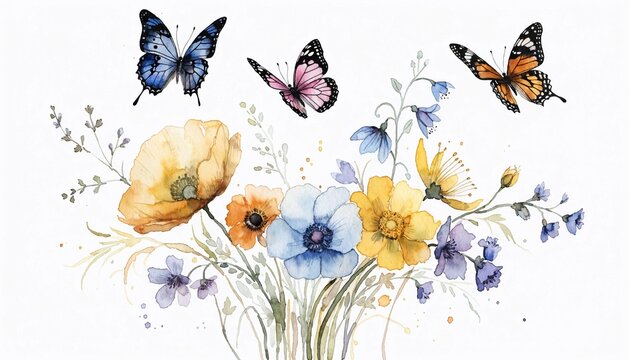 
A beautiful vintage watercolor floral background featuring a colorful collection of flowers and butterflies in a nature-inspired spring illustration pattern for summer wallpaper decoratio