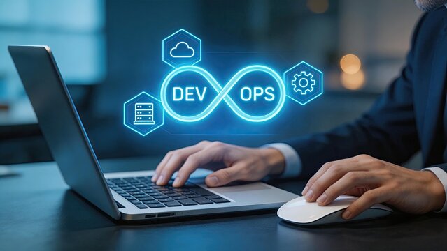 DevOps concept with glowing infinity loop cloud computing and server icons professional developer typing on laptop software engineering agile methodology continuous integration