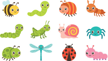 Obraz premium Cute garden bug and insect character set including bee, ladybug, spider, and caterpillar.