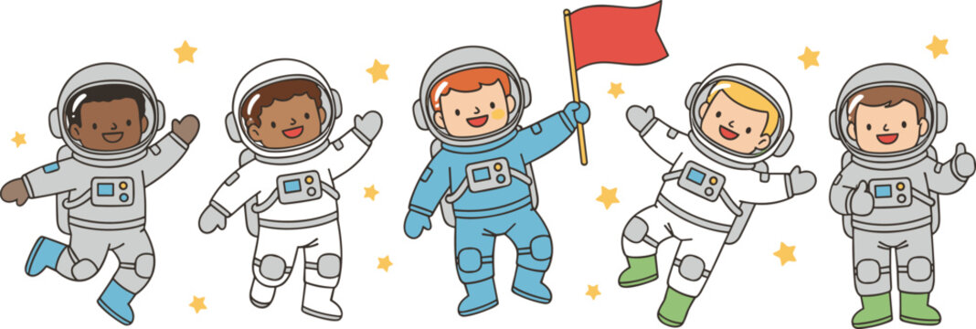 Diverse group of cute astronaut characters floating in space with a flag and stars.
