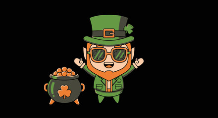 Cartoon Leprechaun with Pot Gold Coins. © Saputra