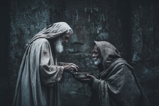 a compassionate person giving food to a poor man