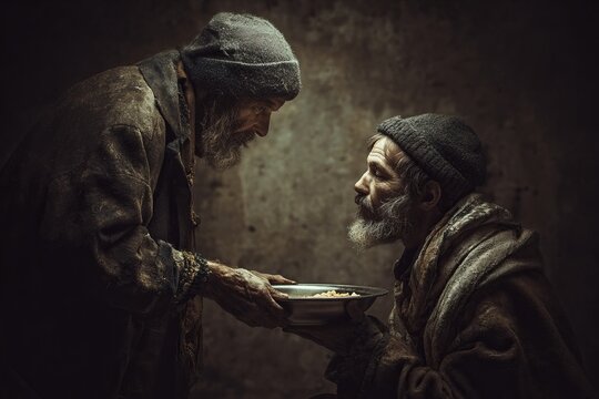 a compassionate person giving food to a poor man