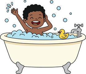 Naklejka premium Playful vector illustration of child taking bath with bubbles, rubber duck, clawfoot tub, and cheerful splash