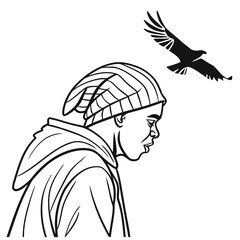 Profile portrait of young african american man in beanie and hoodie looking down, with eagle flying above © Md Monjel Sheikh