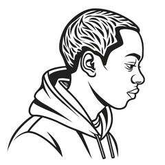 Profile portrait of young african american man in hoodie looking right with detailed hairstyle and shading © Md Monjel Sheikh