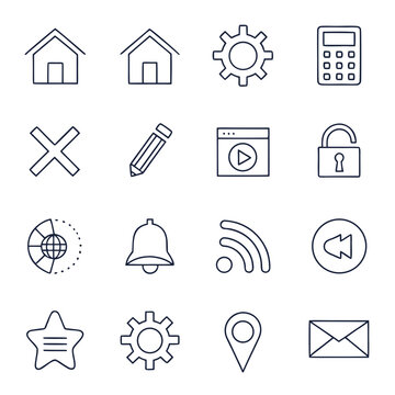 Comprehensive collection of universal interface line icons including home settings mail location lock and media controls for website development projects