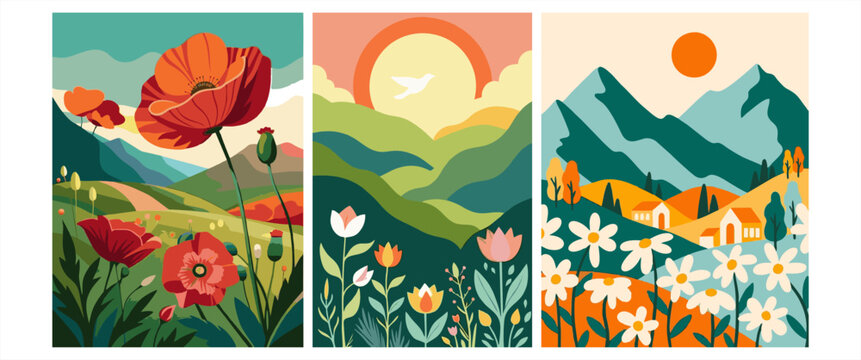 Flat nature landscape set with mountains, sun, poppy flowers, and daisies. Minimalist retro summer vector illustration