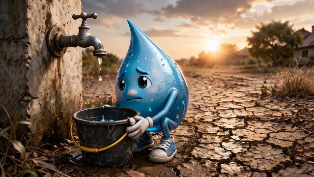 Water Drop Character Collecting Dripping Water &ndash; Water Scarcity Concept