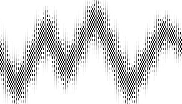 Black and white abstract Halftone Sound Wave Pattern Background with Zigzag Frequency Lines and Digital Signal Texture. Editable graphic resource. Vector Format Illustration. EPS10 