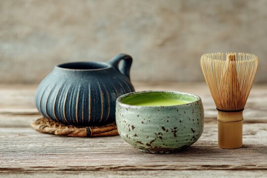 A minimalist Japanese tea set with green tea powder and a traditional bamboo whisk 