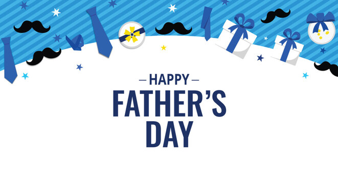 Father Day celebration header with blue stripes mustache and gift box icons in flat vector design