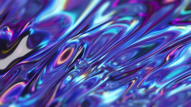 Abstract Liquid Metal Flowing Waves Iridescent Chrome Surface with Blue Purple Pink Gold