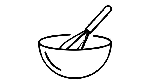 Minimalist vector icon illustration of a kitchen mixing bowl with a whisk inside, perfect for cooking, baking, and food preparation themes, isolated on a white background for graphic design.