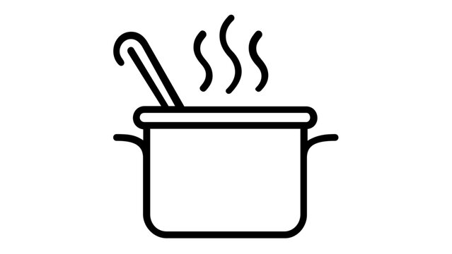 Minimalist vector icon illustration of a steaming hot cooking pot with a ladle inside, perfect for culinary designs, soup preparation, kitchen equipment, and home cooking themes in flat line art.