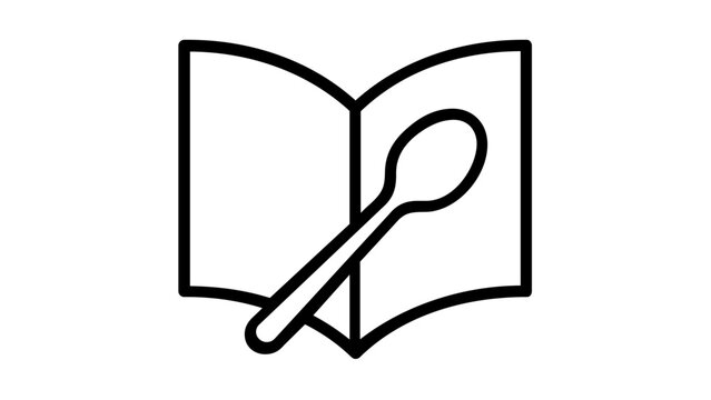 Minimalist vector illustration of an open cookbook with a spoon icon, perfect for recipe blogs, culinary apps, and food-related graphic design projects, featuring clean black line art.
