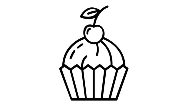 Minimalist black and white vector icon illustration of a delicious cupcake with a cherry on top, simple line art design for bakery, dessert, and food-related branding projects, AI-generated.