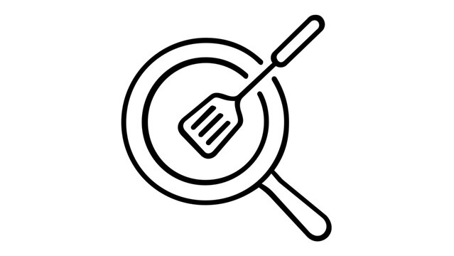 Minimalist black and white vector icon illustration of a frying pan with a spatula inside, ideal for cooking, kitchenware, culinary arts, restaurant branding, and food-related graphic design.