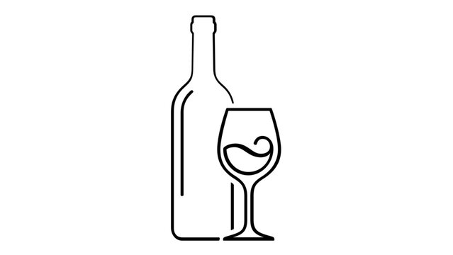 Minimalist black line art vector illustration of a wine bottle and a wine glass with swirling liquid, elegant flat icon for winery, restaurant, bar, or tasting event branding and design.