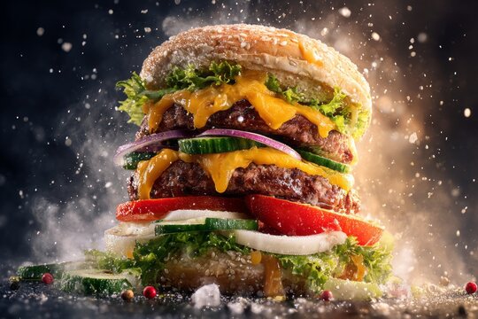 enormous, towering hamburger with layers , arge beef patty slices, melted cheese oozing from one side, fresh lettuce leaves, bright red tomato slices, crisp white onion rings, and green cucumber slice