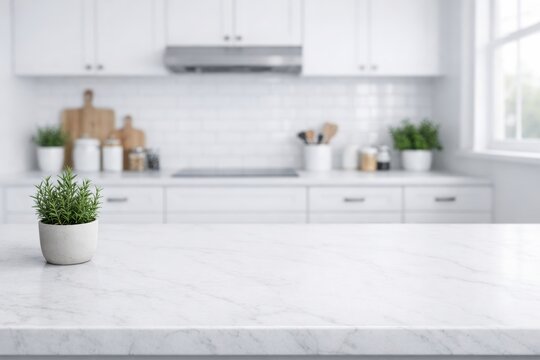 Minimalist kitchen interior with plant on marble counter. Ai generative