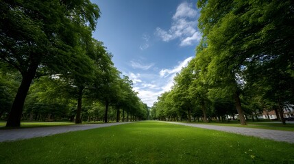 Obraz premium A scenic tree lined park avenue with lush green grass and a vibrant blue sky emphasizing perspective