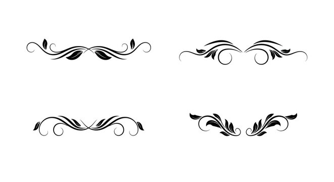 Four elegant hand-drawn floral scroll dividers and calligraphic design elements with leaves on an isolated white background.