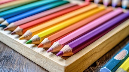 Obraz premium Colored pencils arranged in a wooden tray with sharpened tips