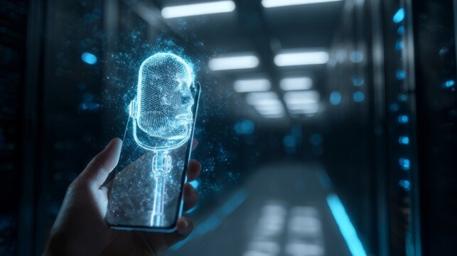 A hand holding a smartphone with a glowing blue microphone on the screen in a dark server room