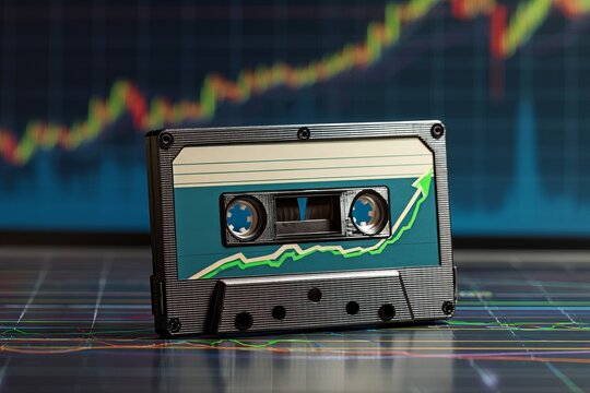 cassette tape with the background of a financial chart going uptrend with the color green , indicating the raise of interest or sales in cassette tape