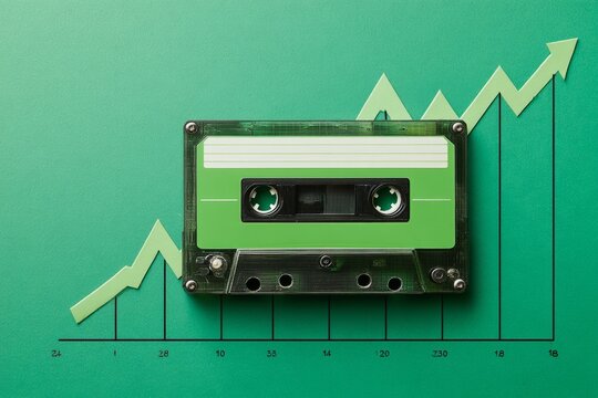 cassette tape with the background of a financial chart going uptrend with the color green , indicating the raise of interest or sales in cassette tape