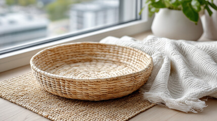Fototapeta premium Woven Rattan Tray Empty on Natural Jute Rug with Soft Daylight from Window